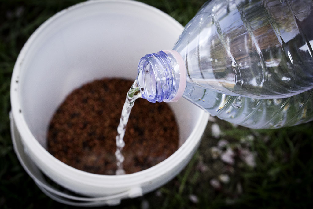 Mivel egymásba raktam a két vödröt, az alsó megtartja majd a vizet! Felöntöm a pelleteket vízzel úgy, hogy teljesen ellepje őket a folyadék.